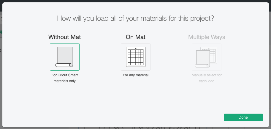 Cricut Design Space: Mat Selection screen