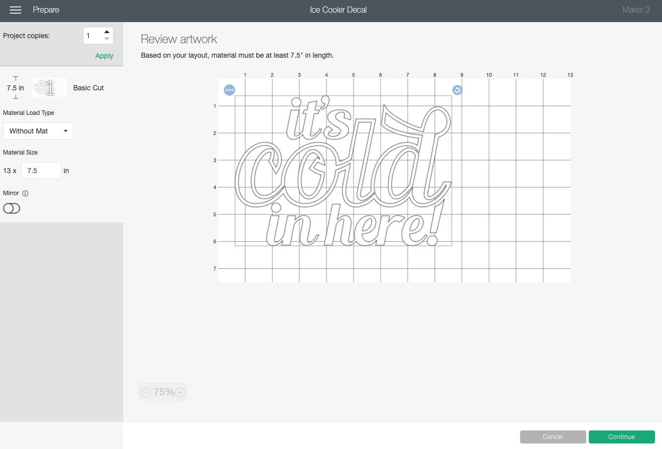 Cricut Design Space: Prepare Screen showing decal on matless vinyl