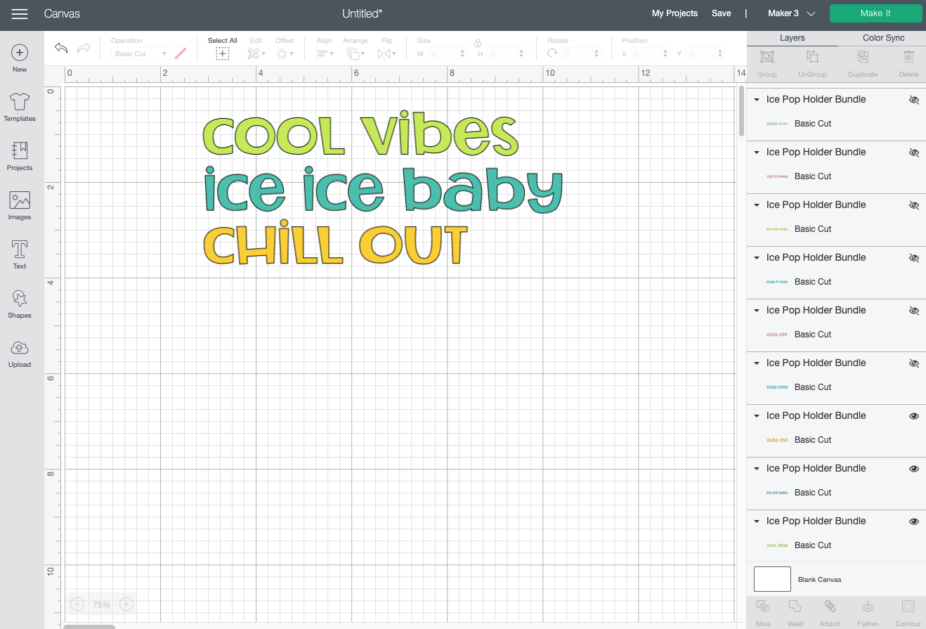 Cricut Design Space: Ice pop decals on Canvas with some hidden.