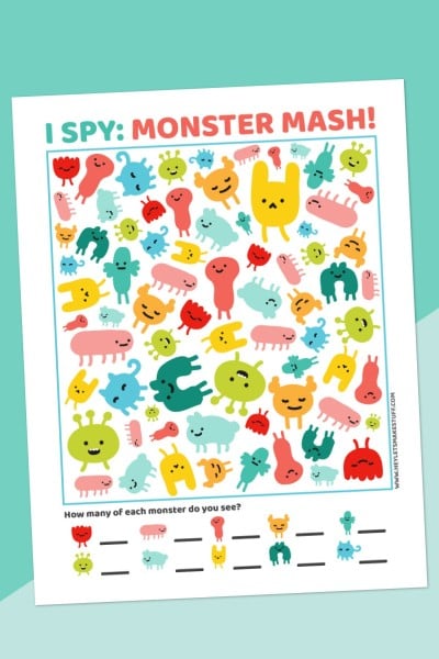 Monster I-Spy Printable on teal background with pen
