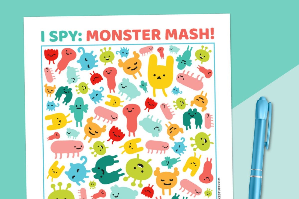 Monster I-Spy Printable on teal background with pen