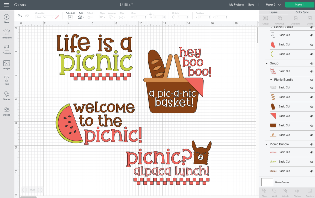 Cricut Design Space: picnic files on Canvas