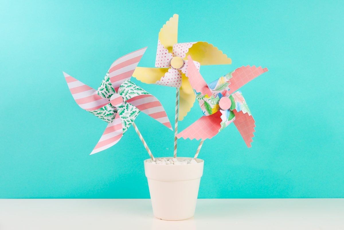 Final paper pinwheels on a teal background