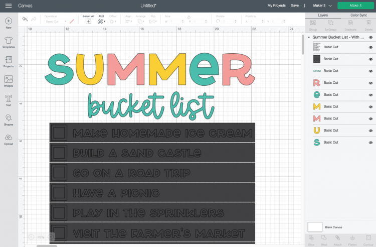 Cricut Design Space: Summer bucket list with weeding boxes uploaded to Canvas