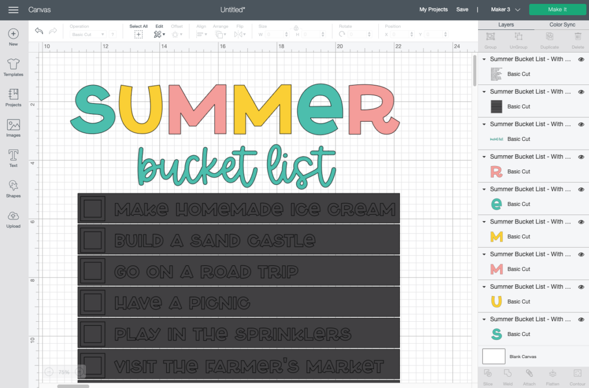 Cricut Design Space: layers of bucket list ungrouped