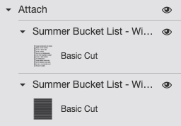 Cricut Design Space: closeup showing attached bucket list and weeding boxes