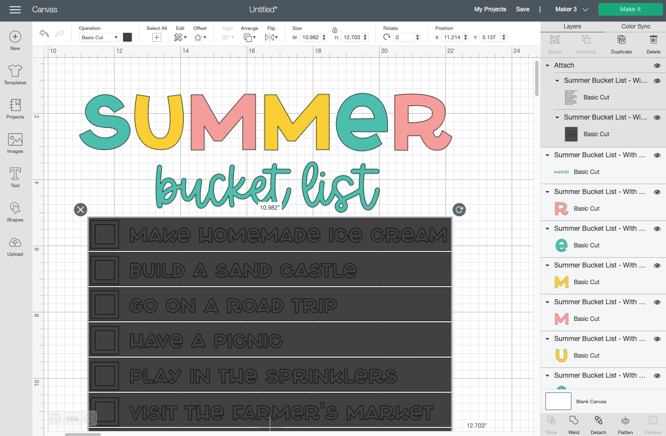 Cricut Design Space: showing attached weeding boxes and bucket list items.