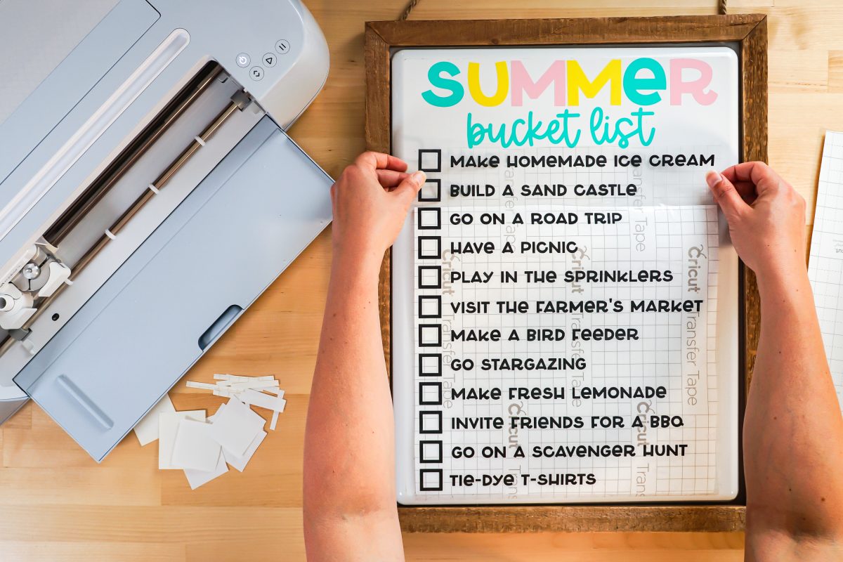 Hands showing how to place the bucket list on the white board.