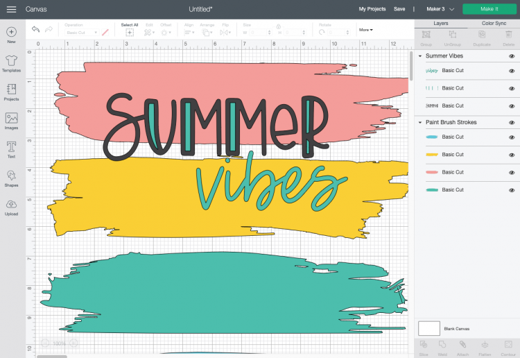 Cricut Design Space: Paint strokes and Summer Vibes images on Canvas
