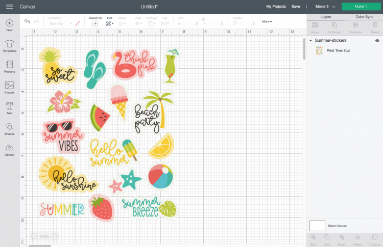 Cricut Design Space: Summer stickers uploaded to Canvas