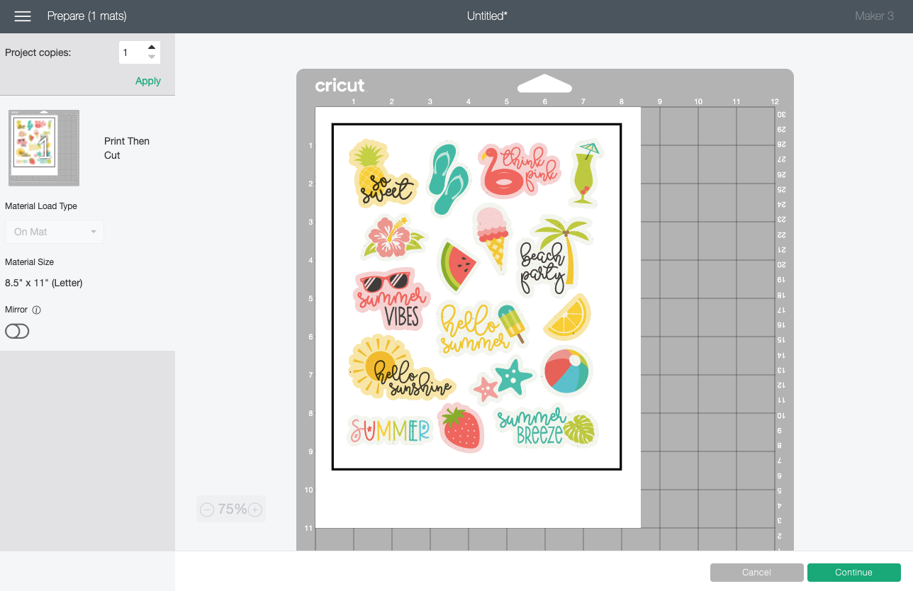 Cricut Design Space: Summer stickers shown in Prepare Screen on mat