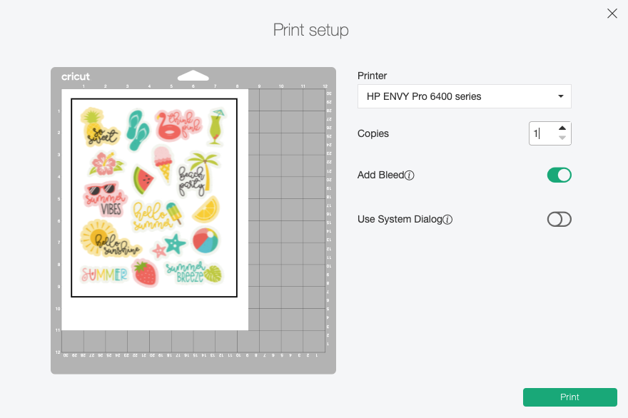 Cricut Design Space: print dialog box showing to print before cutting