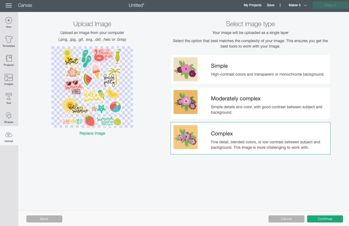 Cricut Design Space: Choose image complexity