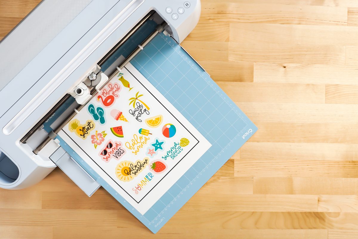 Printed Cricut summer sticker sheet on Mat in Cricut Maker 3