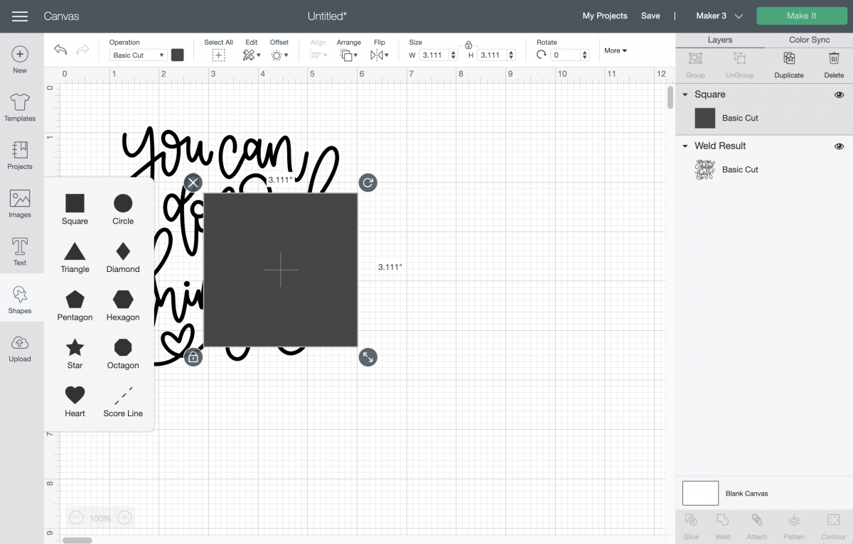 Cricut Design Space: Insert square onto Canvas