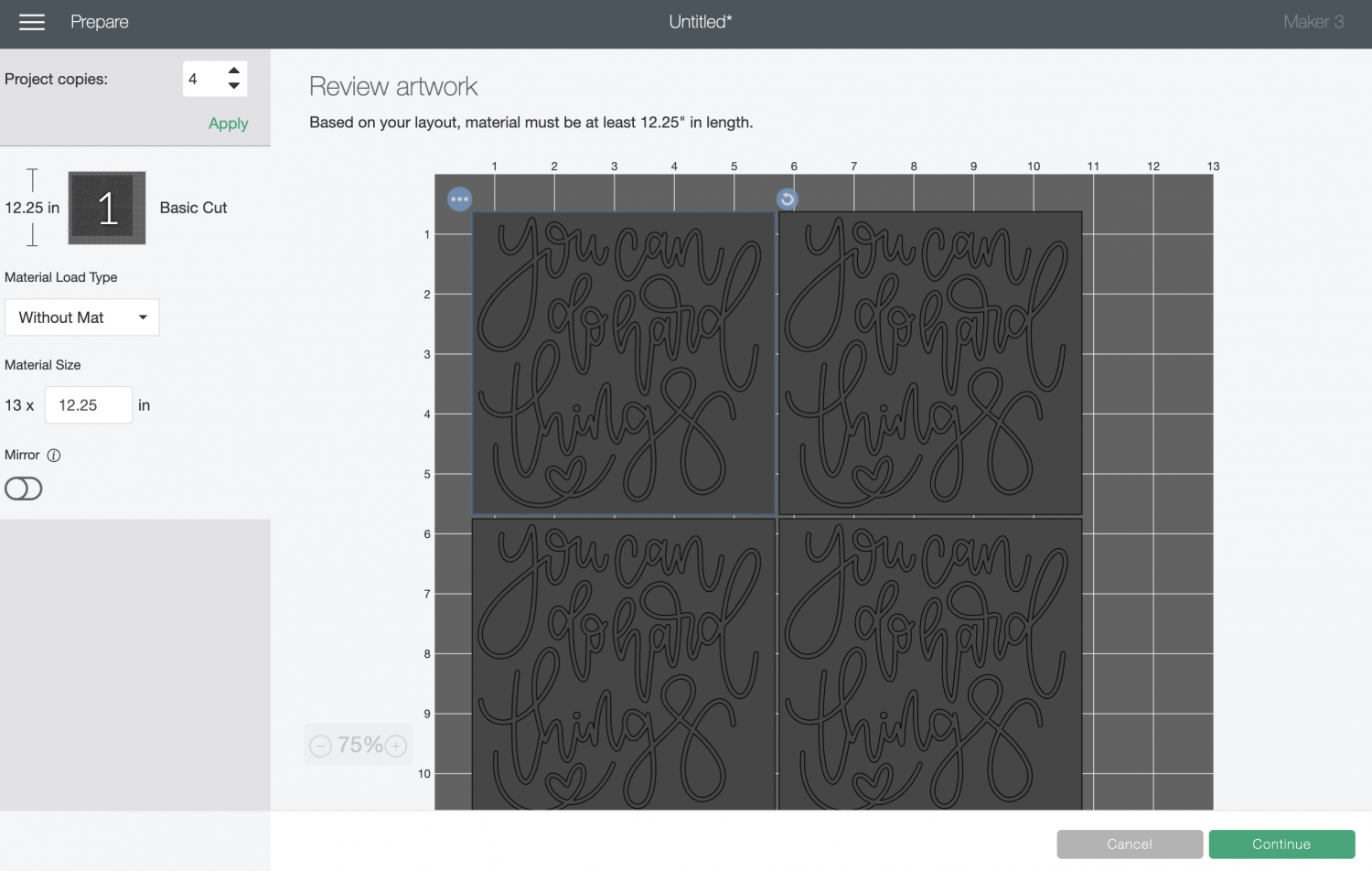 Cricut Design Space: Prepare screen with four decals on material