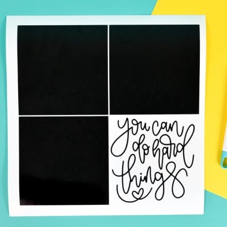 Vinyl with four weeding boxes, one of which is weeded, on teal and yellow background.