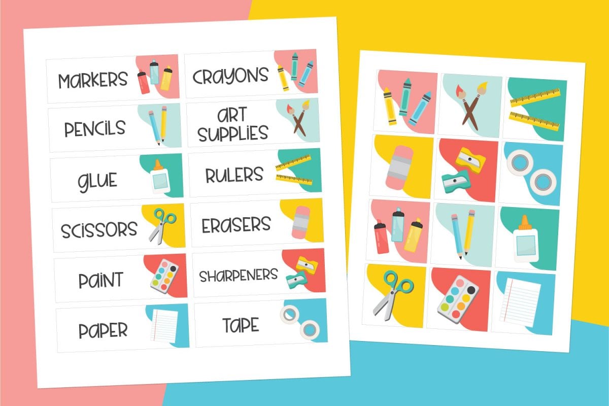 Mockup of classroom labels on colorful background.
