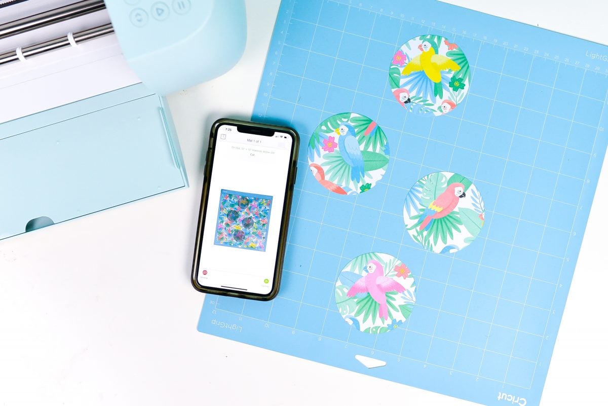 iPhone with Snap Mat screen, plus mat with fussy cut paper and Cricut Explore 3