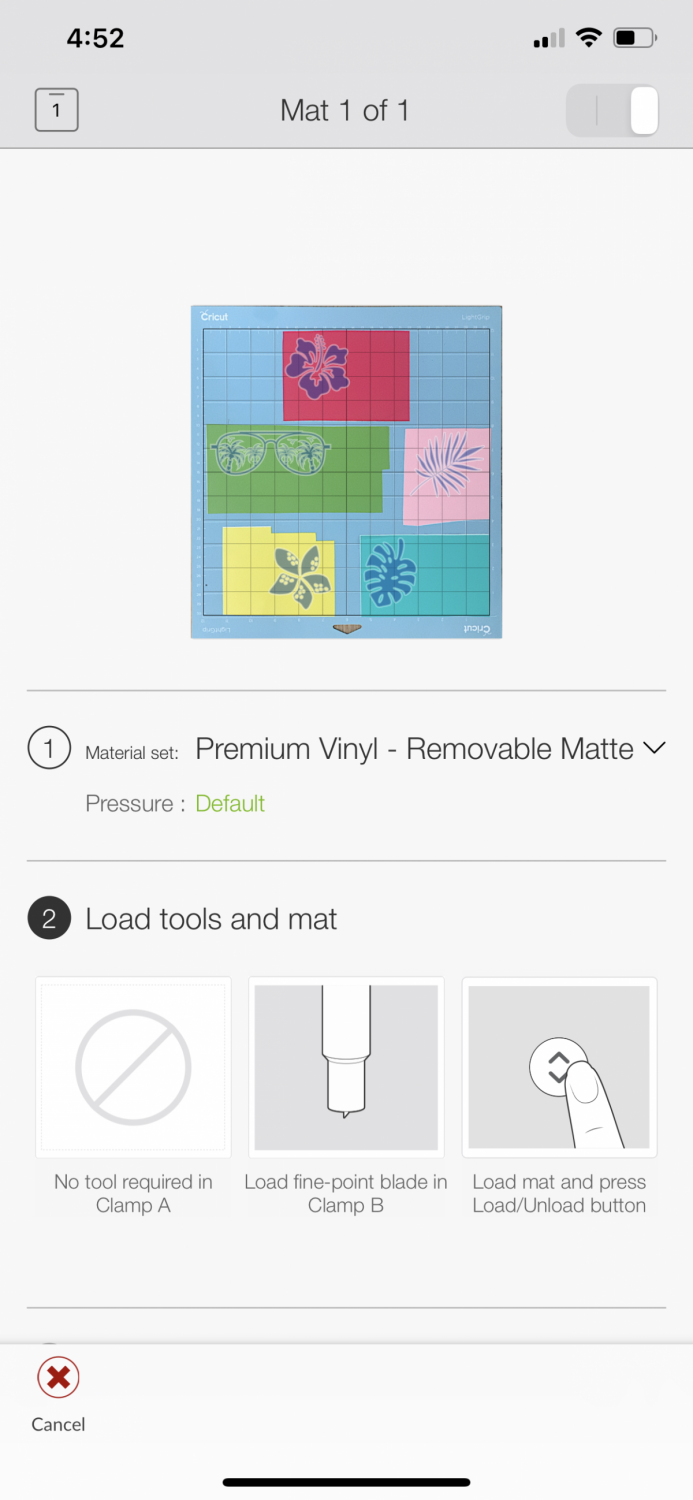 Cricut Design Space iOS: Make screen with material choice