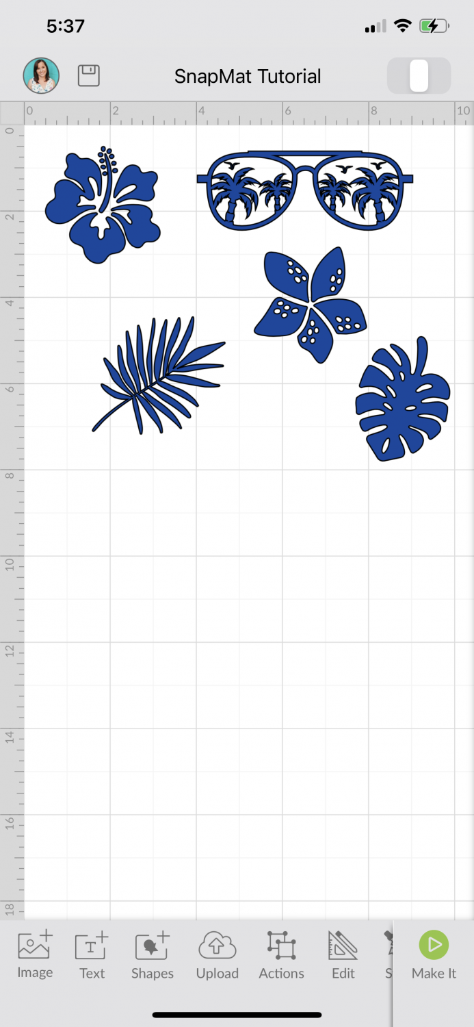 Cricut Design Space iOS: Tropical images on canvas all colored navy blue.