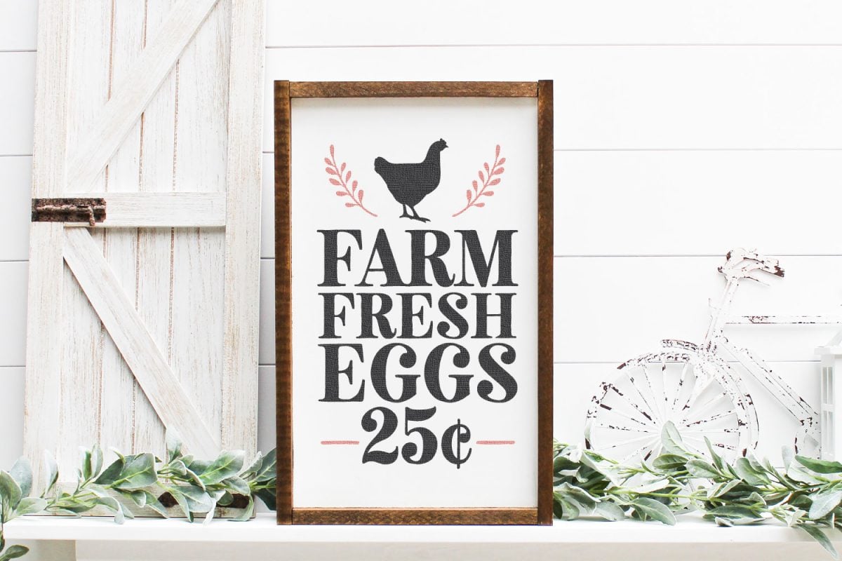 Farm Fresh Eggs SVG mocked up on a farmhouse sign