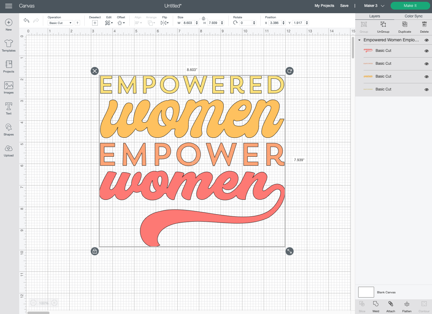 Cricut Design Space: "Empowered Women Empower Women" design on Canvas.