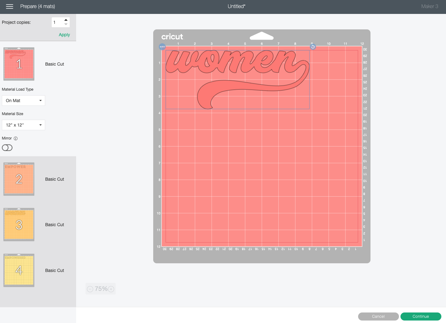 Cricut Design Space: Prepare Screen showing different parts of the image on different mats.