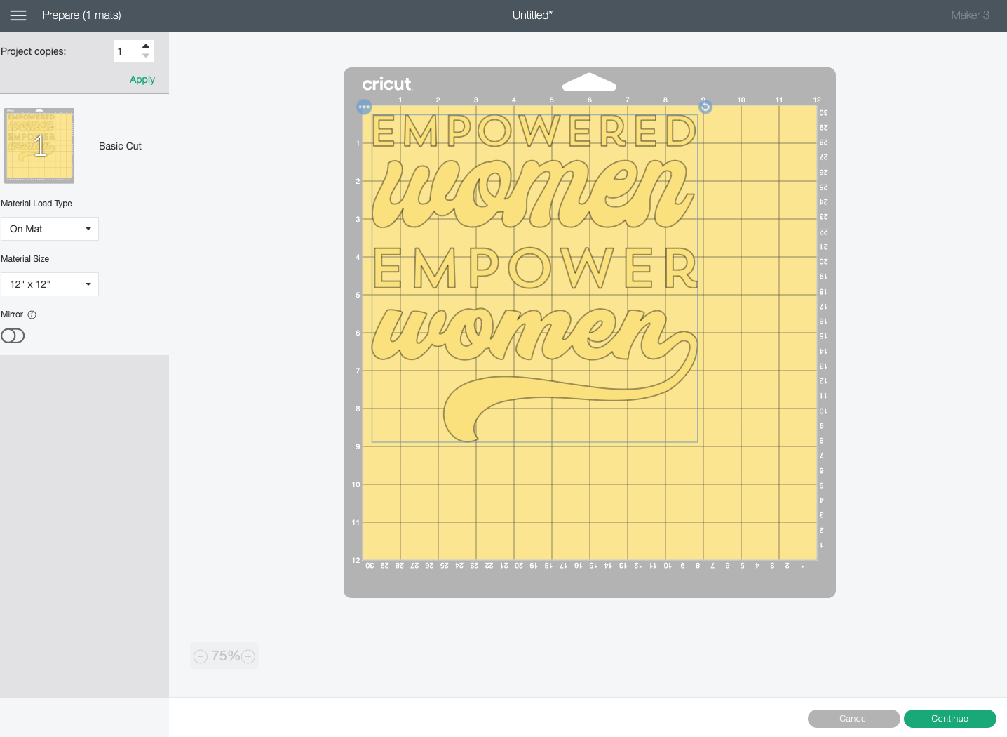 Cricut Design Space: Prepare screen showing images on the same mat.