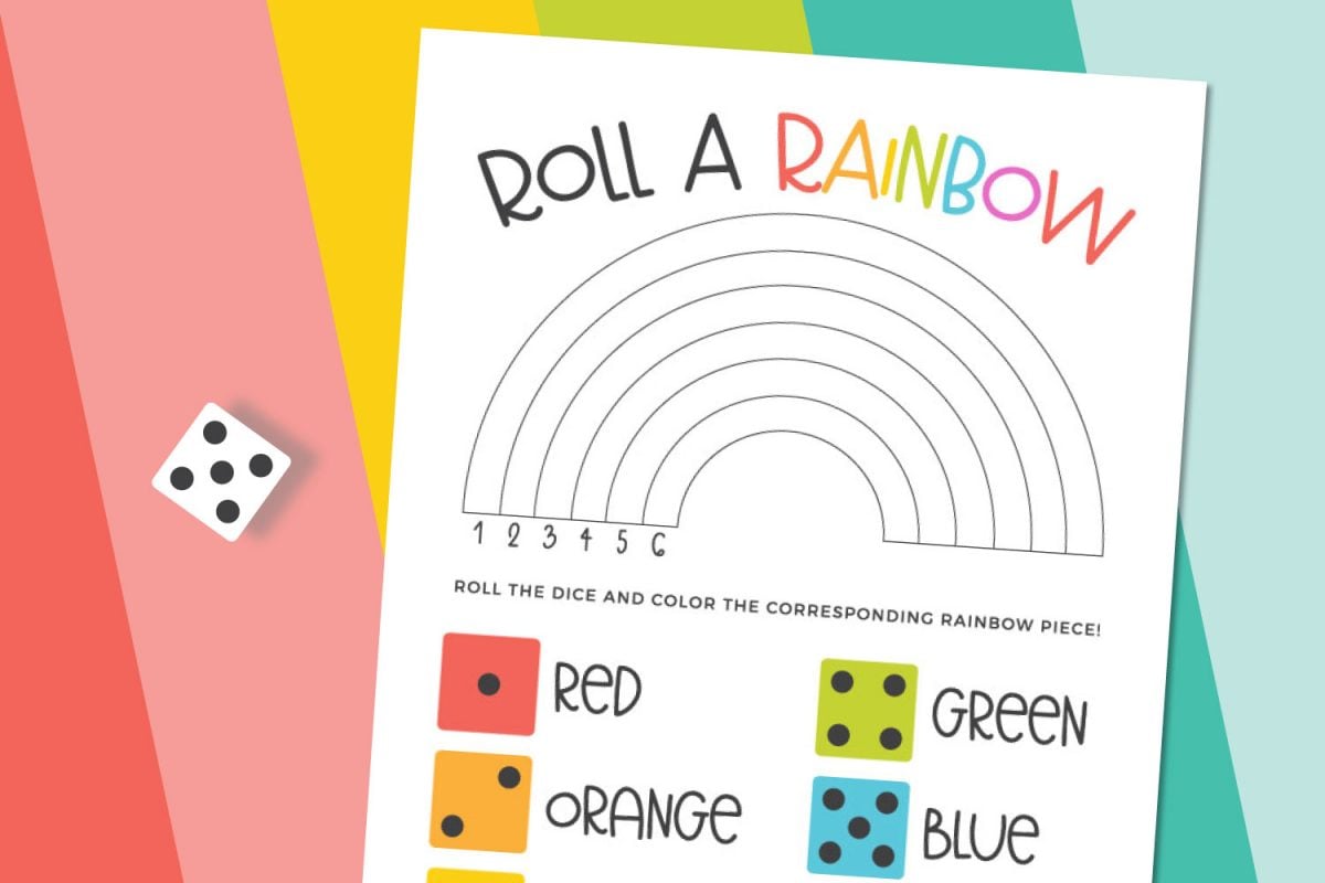 Roll a rainbow game with rainbow background and dice.