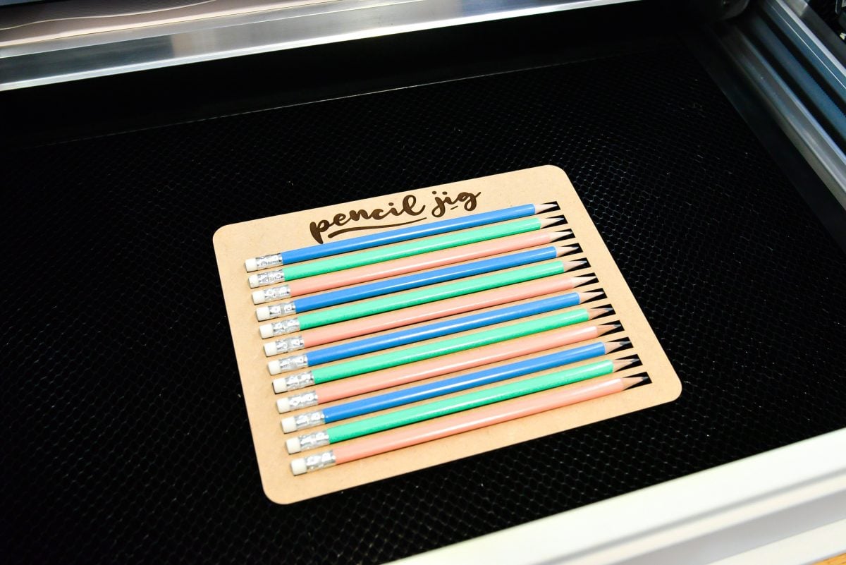 Pencil Jig in Glowforge with blank pencils