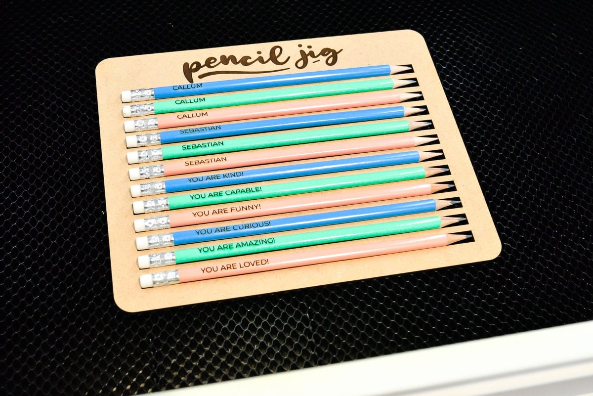 Pencil Jig in Glowforge with engraved pencils