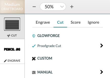 Glowforge app: settings for cut and engrave