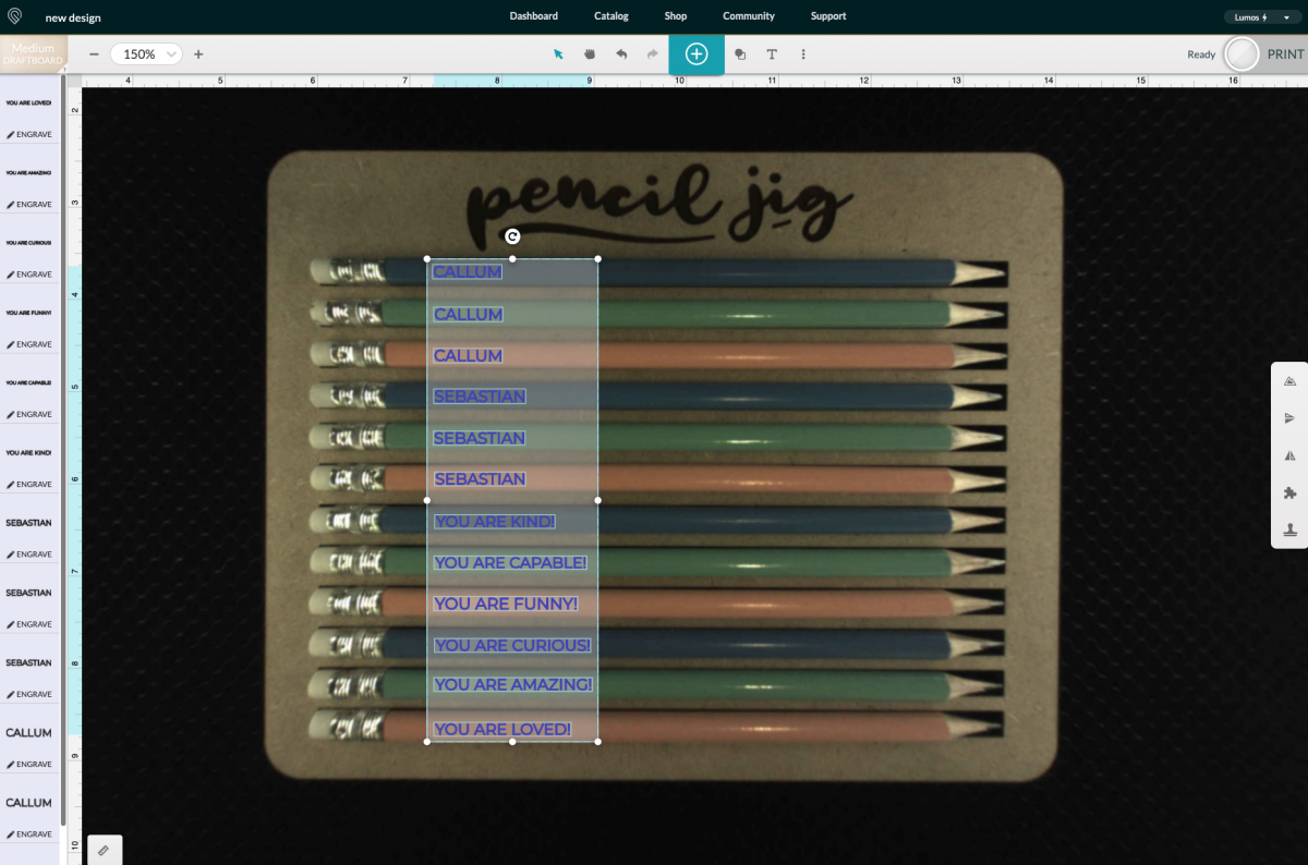 Glowforge app: Add all names over pencils