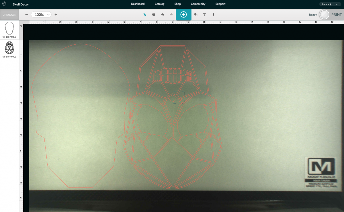 Glowforge app: showing skull rotated and nested.