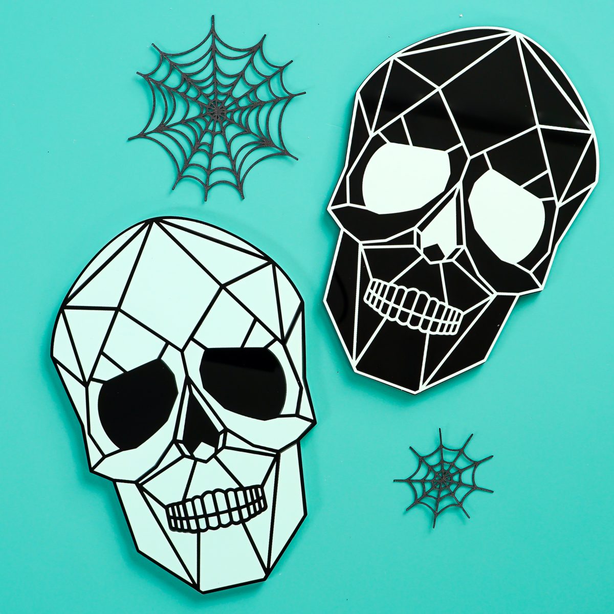 Two skulls on teal background with spider webs