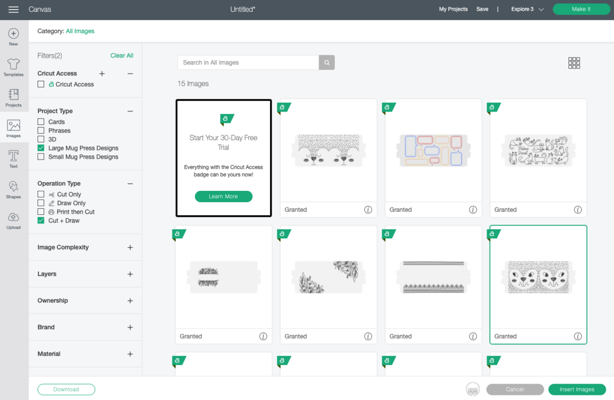 Cricut Design Space: Showing Mug Press Drawing Images