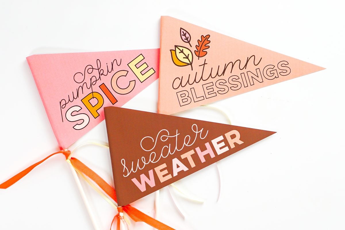 Three completed fall pennants: pumpkin spice, sweater weather, autumn blessings