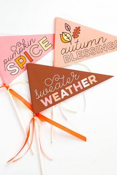 Three completed fall pennants: pumpkin spice, sweater weather, autumn blessings