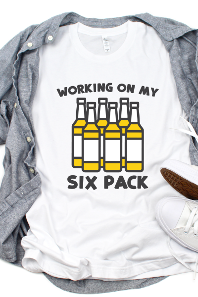 Life Happens Beer Helps SVG on a white t-shirt with gray buttondown shirt and Converse