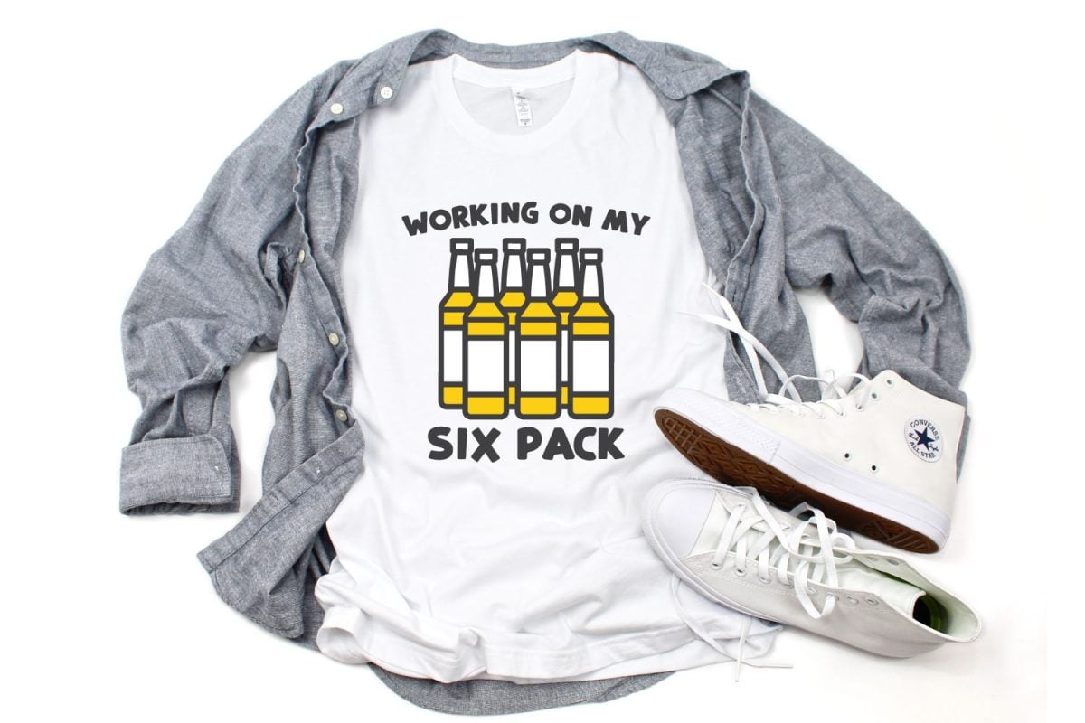 Life Happens Beer Helps SVG on a white t-shirt with gray buttondown shirt and Converse