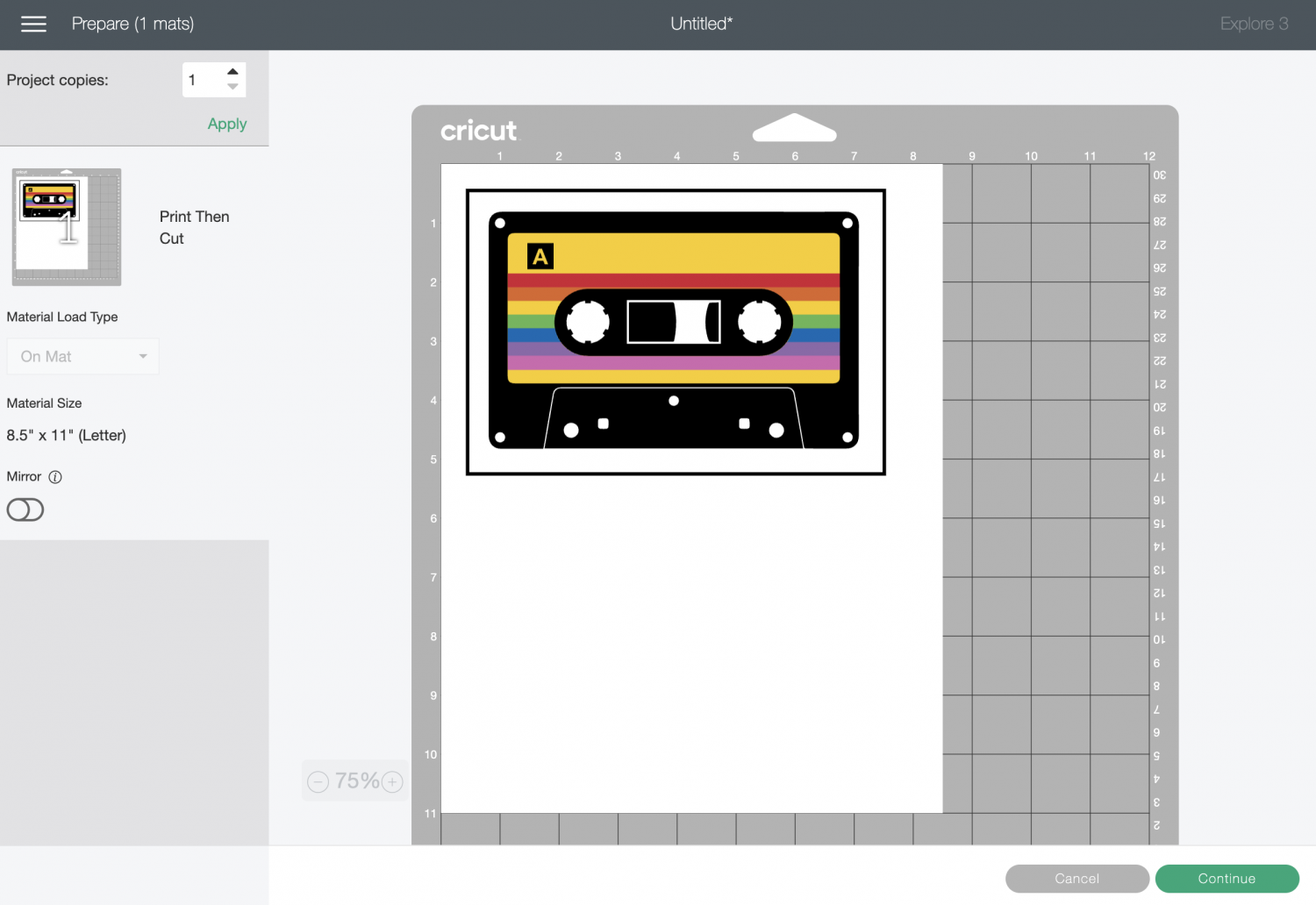 Cricut Design Space: Prepare Screen showing mix tape single layer