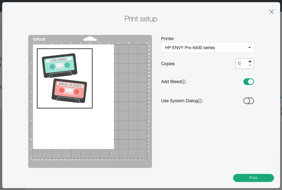 Cricut Design Space: Print Setup with option for bleeds