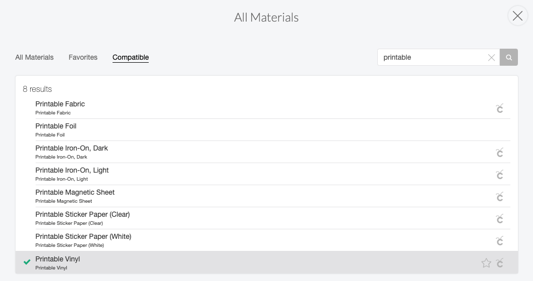 Cricut Design Space: Searching for Printable Vinyl as a material.
