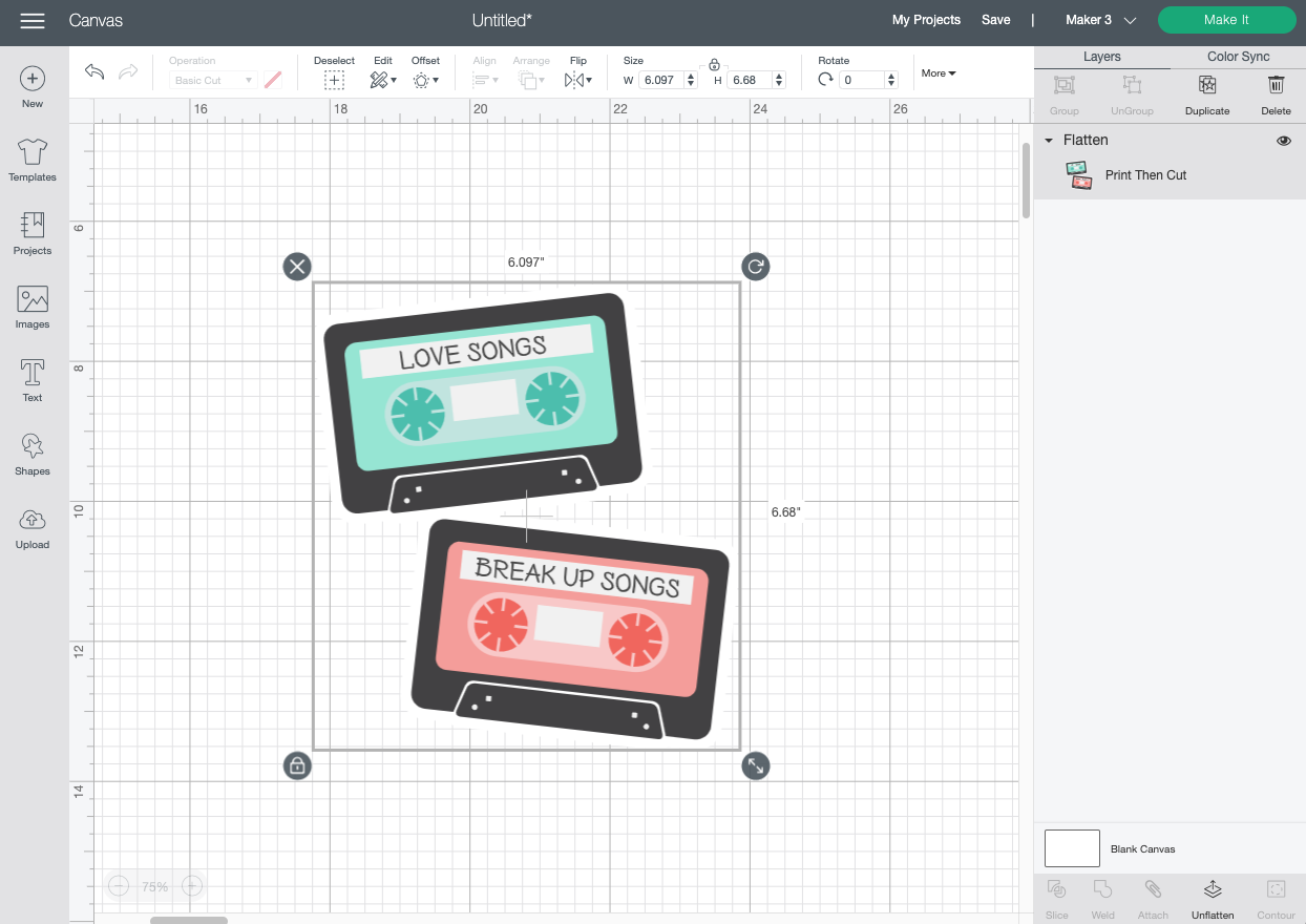 Cricut Design Space: Flattening the offset to the mix tapes.