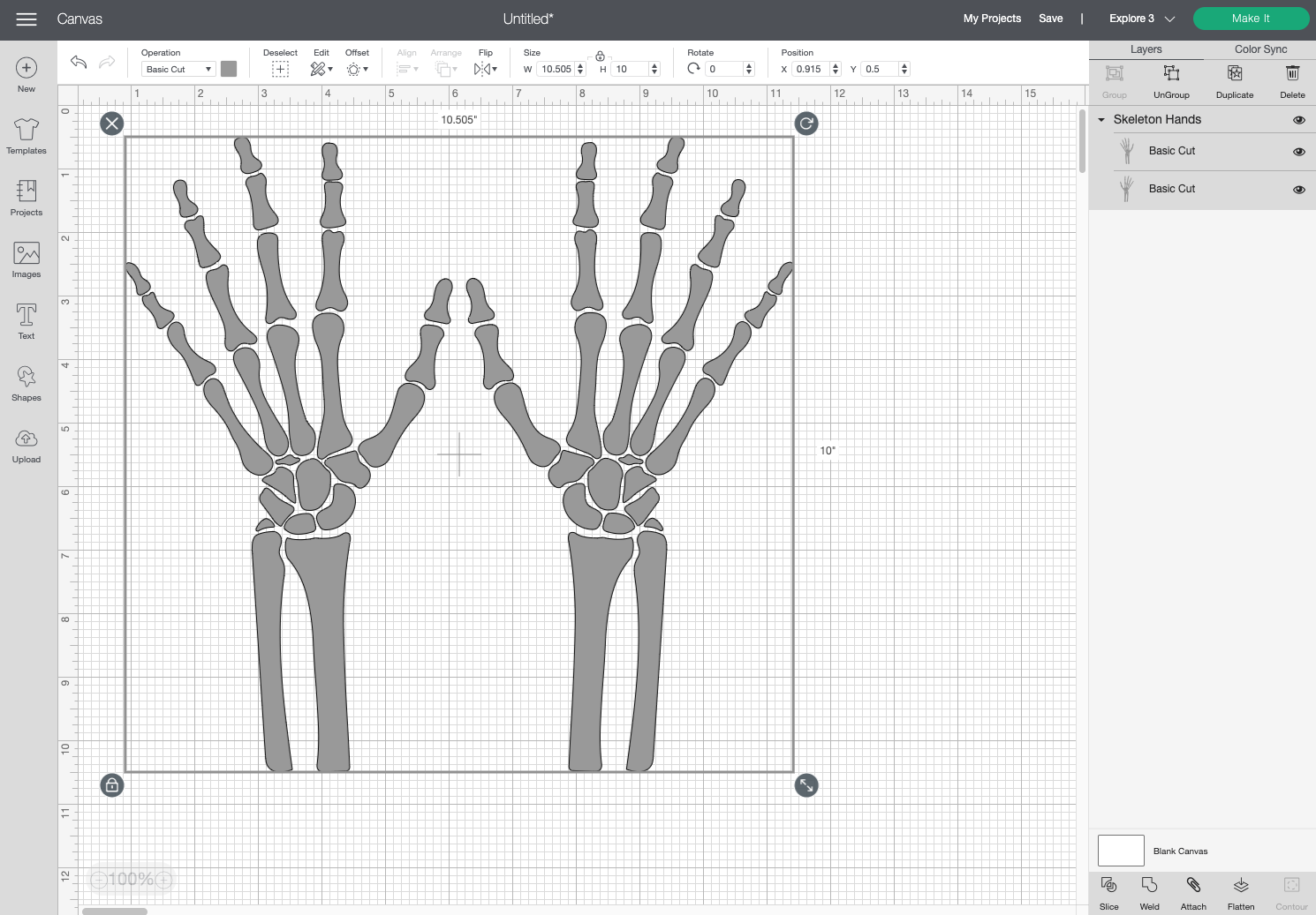 Cricut Design Space: Skeleton hands resized on Canvas