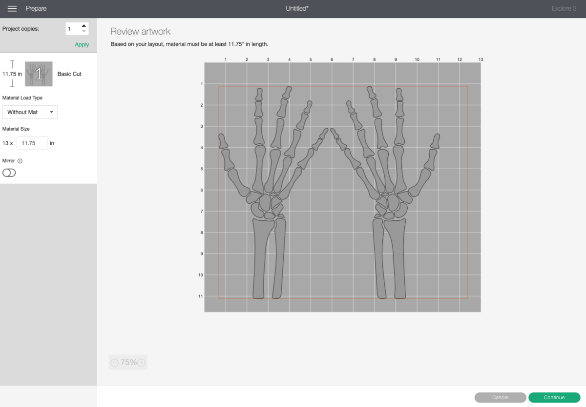 Cricut Design Space: Skeleton hands on matless preview