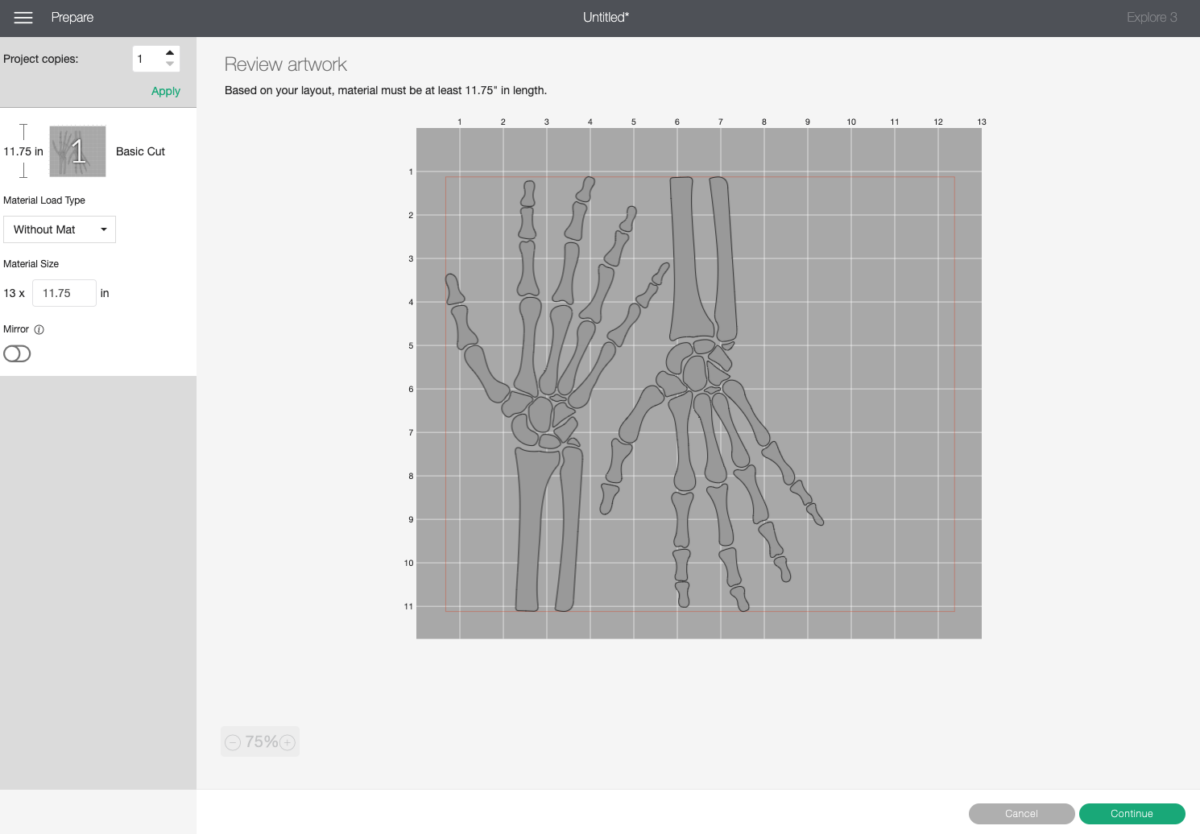 Cricut Design Space: Skeleton hands with one rotated to save material.