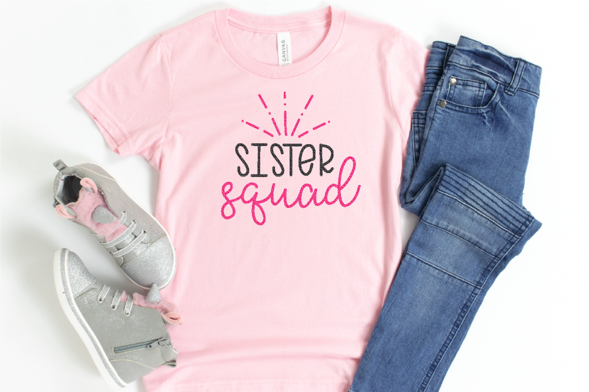 Pink t-shirt with the saying Sister Squad