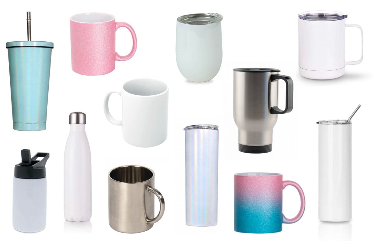 Image of different color and sizes of mugs and water bottles